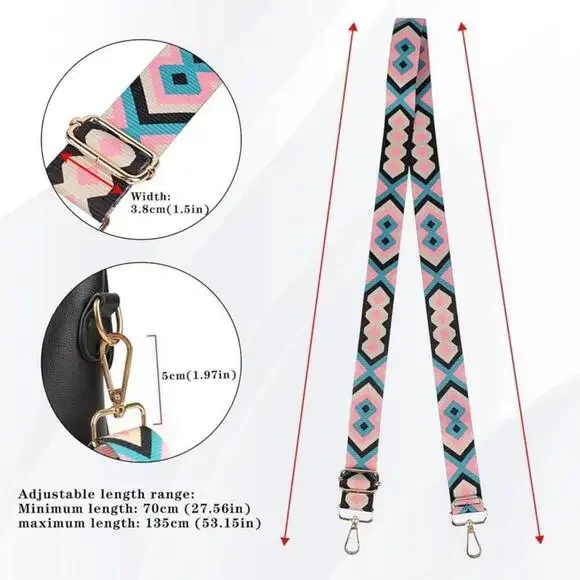 Geometric Pattern Adjustable Purse Strap In Pink, Black and Blue - Picture 8 of 9